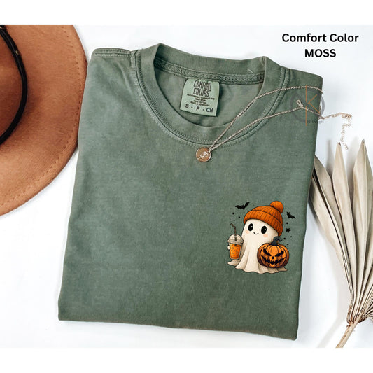 Comfort Colors® | Cute Fall Ghost Comfort Colors Tee, Pumpkin Coffee Halloween Shirt, Cozy Autumn Graphic T-Shirt, Spooky Season Gift